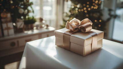 Beautifully wrapped gift box with a simple ribbon on a table near a sunlit window, creating a warm, cozy atmosphere.