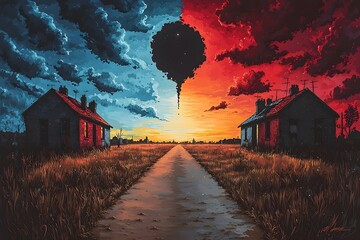 A surreal landscape with a dark void in the sky dividing a blue sky on one side and a fiery orange sunset on the other, with two dilapidated houses flanking a dirt road.