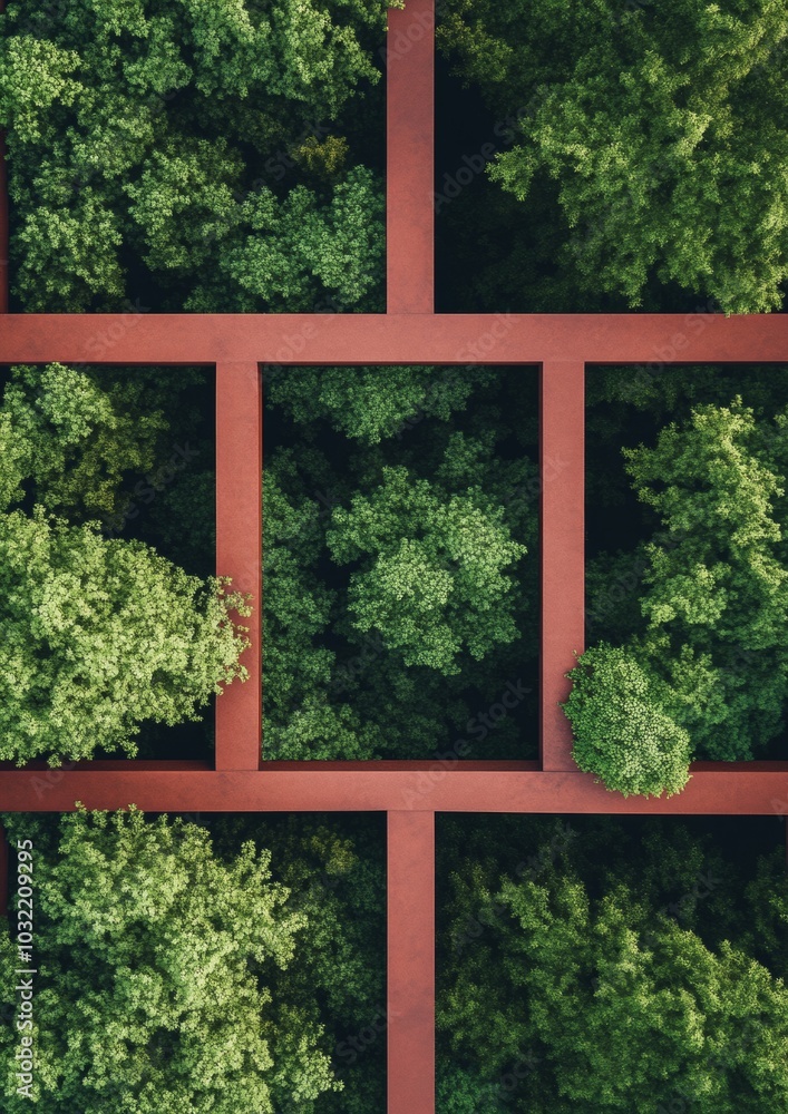Aufkleber aerial view of geometric red frames over green forest scene with symmetrical pattern