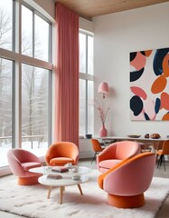 A modern living room with large windows overlooking a snowy outdoor scene . The room features plush, curved pink and orange armchairs.