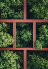 Aerial View of Geometric Red Frames Over Green Forest Scene with Symmetrical Pattern