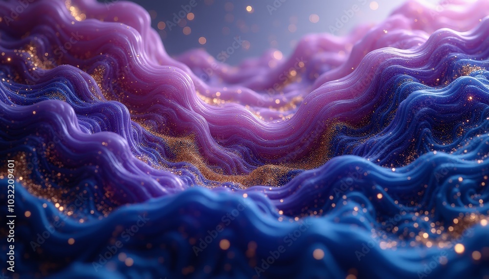 Poster layers of soft lavender and azure create a mesmerizing wave-like pattern, shimmering with golden spa
