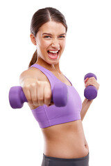 Naklejka premium Training, portrait and woman with dumbbell in studio for resilience challenge, exercise and endurance. Athlete, power and person with gym equipment for muscle, strength or workout by white background