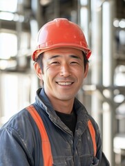 Worker at construction site, smiling Asian man
