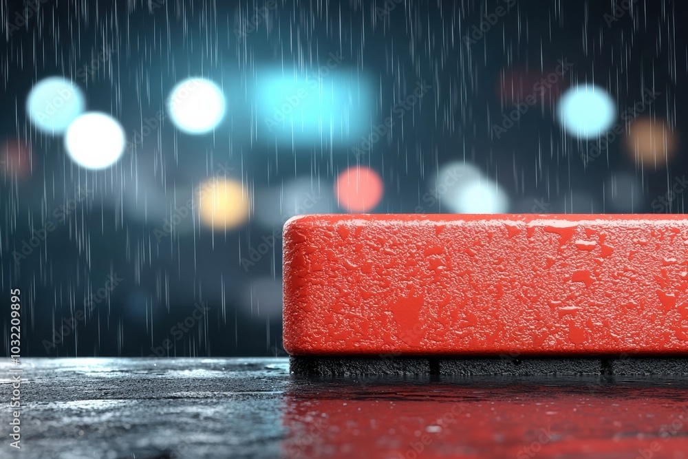 Poster a vibrant red block rests on a wet surface, with raindrops creating a dramatic scene against a blurr
