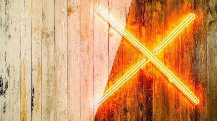 A glowing neon cross sign on a rustic wooden wall.