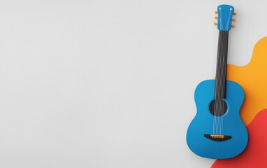 A vibrant blue guitar rests on a colorful backdrop, perfect for music-themed creatives and artistic projects. Ideal for websites and promotions.