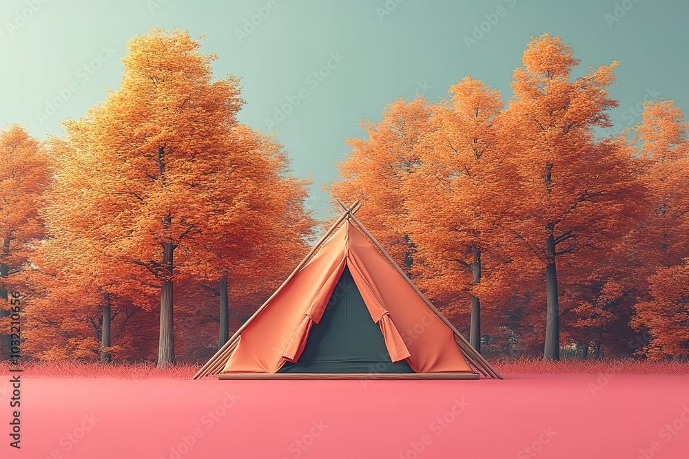 Poster a tent is set up in a forest with trees in the background