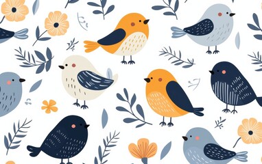 Whimsical pattern featuring colorful birds among delicate flowers and leaves, perfect for textiles, wallpapers, and children's decor.