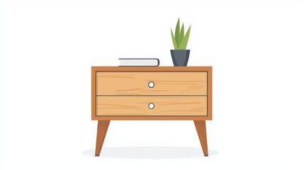 A nightstand illustration, bedroom furniture, flat design, warm wood tones, isolated on white background