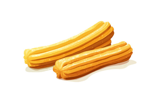 Cartoon Mexican churros. Two golden churro sticks with a crispy exterior and warm, sugary texture, evoking a sense of indulgence and sweetness. Isolated vector traditional tex mex pastry, bakery meal