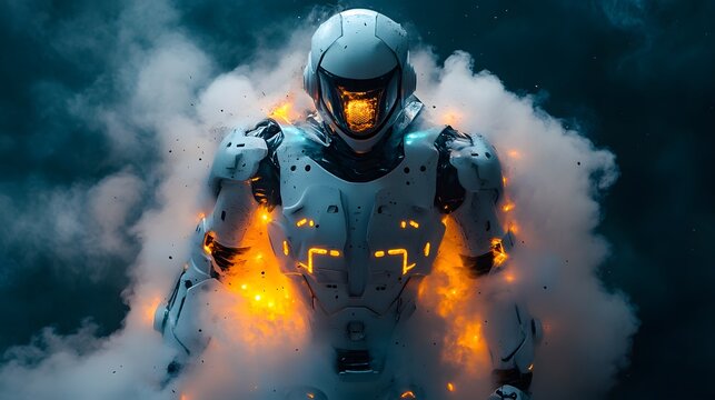 anime robot onesie costume. sparks and smoke from its movement