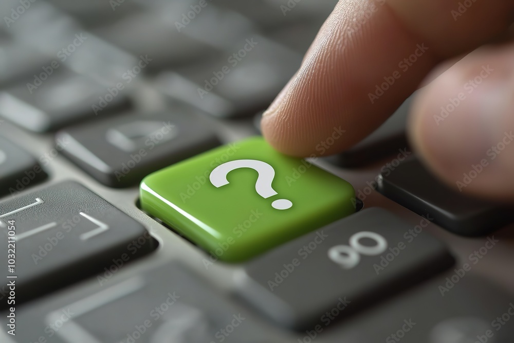 Poster a green button with a question mark on it is being pressed by a person's finger