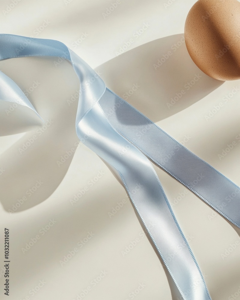 Poster minimalist flat lay of blue ribbon and egg on white background with soft shadows