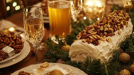 Naklejka premium A festive table setting with a Yule log dessert, champagne, beer, and Christmas decorations.