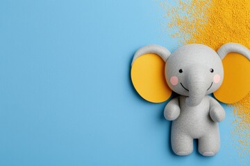 A cheerful soft elephant toy lays on a blue background, surrounded by vibrant powder, perfect for children's decor or playful themes.