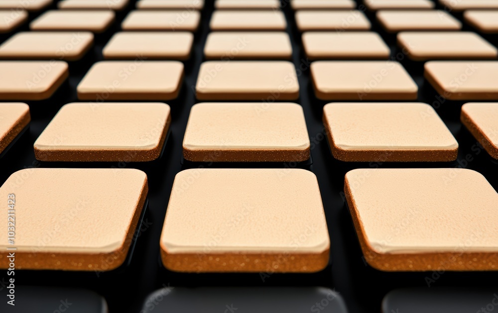 Poster a close-up view of a grid of empty, beige buttons on a black background, perfect for ui design or te