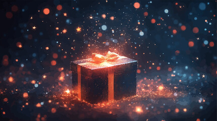 Pixelated image of a gift box opening to release stars and sparkles.