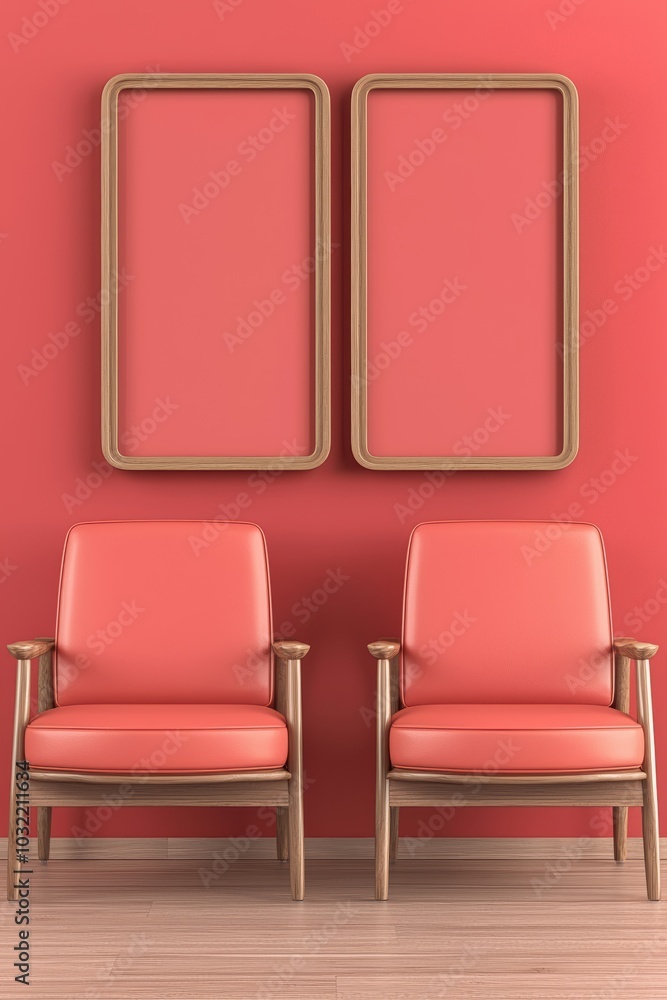 Poster a modern interior featuring two coral chairs in front of a vivid wall, complemented by empty frames 