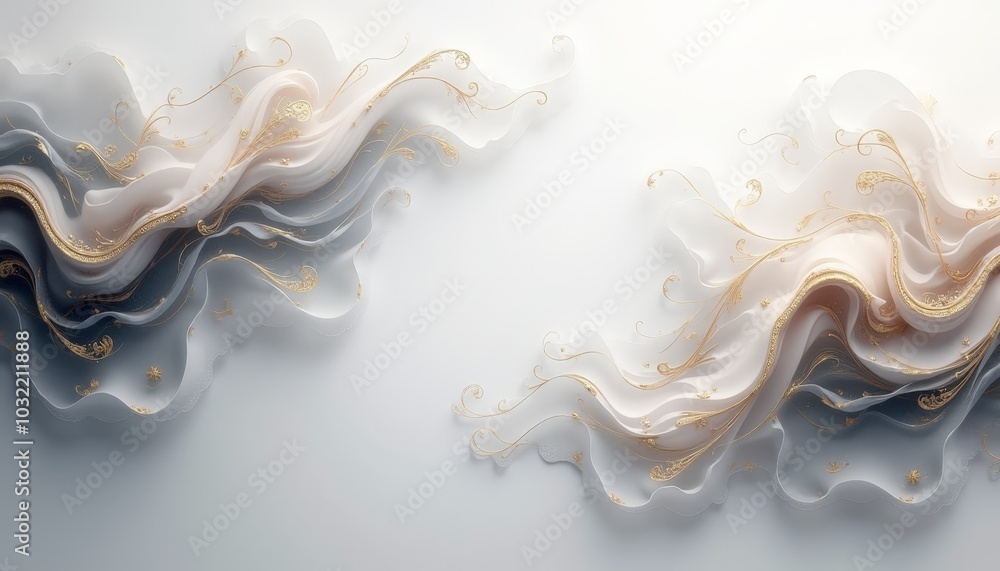 Poster soft, flowing fabric intertwines in shades of gray and cream, adorned with shimmering golden pattern