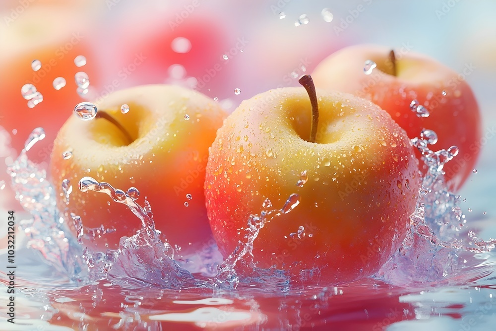Poster close-up of three red and yellow apples splashing in a pool of water, creating a vibrant and refresh