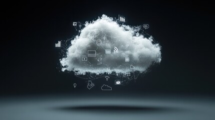 A cloud with various digital icons floating above it