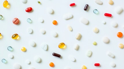 Close-Up of Various Medicine Pills, Tablets, and Capsules Neatly Arranged on a Clean White Background, Showcasing Vibrant Colors for a High-Quality Medical Stock Image.
