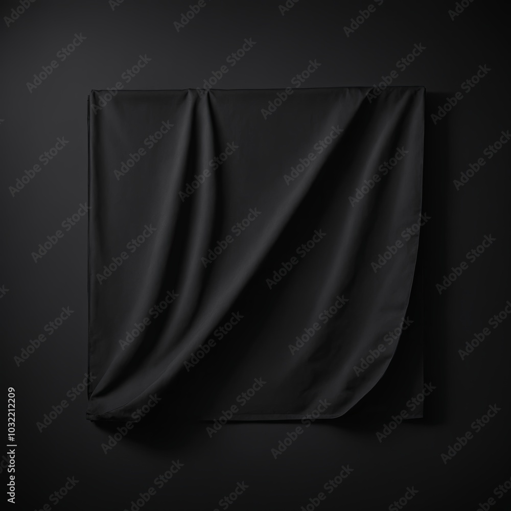 Poster minimalist image of a black fabric draped over a square surface. The dark and smooth texture emphasizes simplicity and elegance. Ideal for backgrounds or abstract artistic concepts