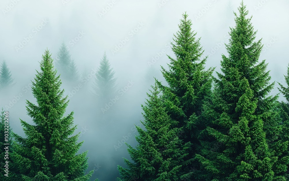 Poster a serene forest scene featuring lush evergreen trees surrounded by mist, creating a tranquil and enc