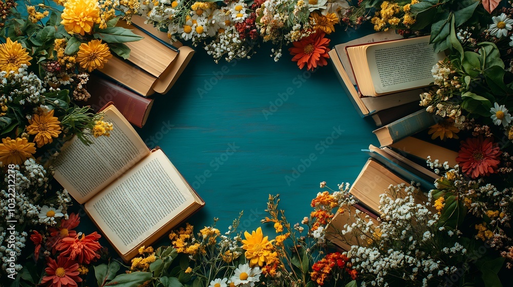 Aufkleber artistic flat lay design for world book day with an array of colorful books lush floral arrangements