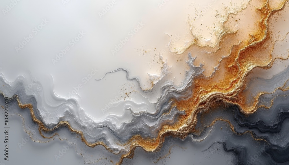 Poster swirling patterns of gold and cream blend seamlessly with shades of gray, creating an evocative abst