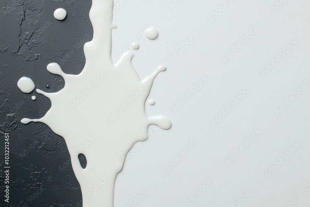Poster a dynamic splash of milk against contrasting black and white backgrounds, creating a visually striki
