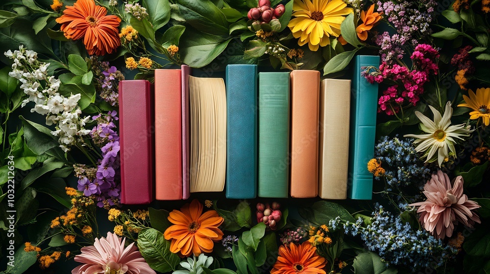 Aufkleber artistic flat lay design for world book day with an array of colorful books lush floral arrangements