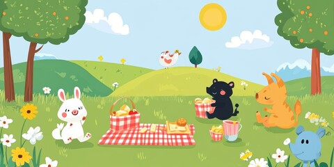 Obraz premium Animals having a picnic in the park.