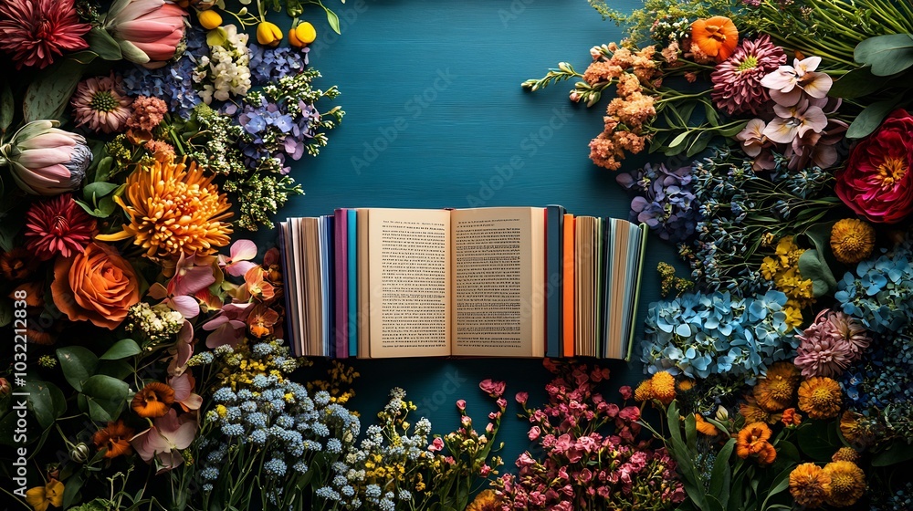 Aufkleber artistic flat lay design for world book day with an array of colorful books lush floral arrangements