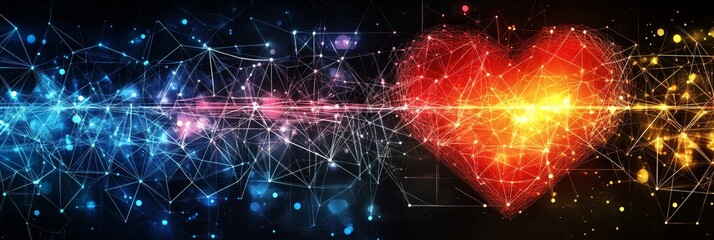 Glowing polygonal heart with connecting lines and dots, science and feelings abstract concept.