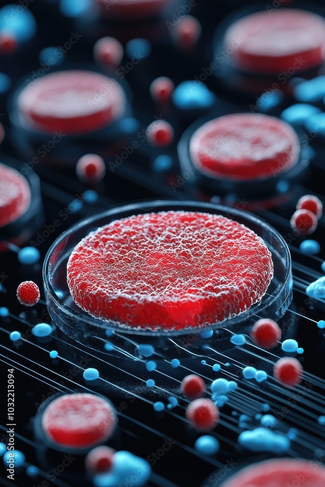 Poster a close-up view of microscopic cells in vibrant colors, showcasing intricate structures and biologic