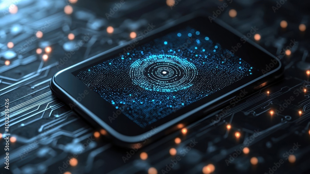 Poster futuristic smartphone displaying circular data visualization on a circuit board background, showcasi