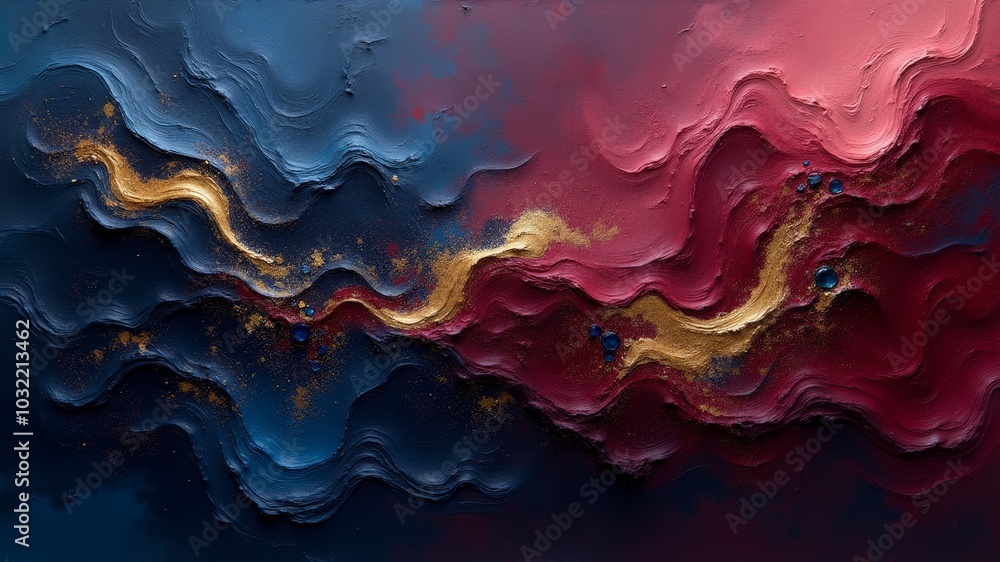 Poster bold hues of red and blue intertwine with shimmering gold, forming a dynamic abstract composition th