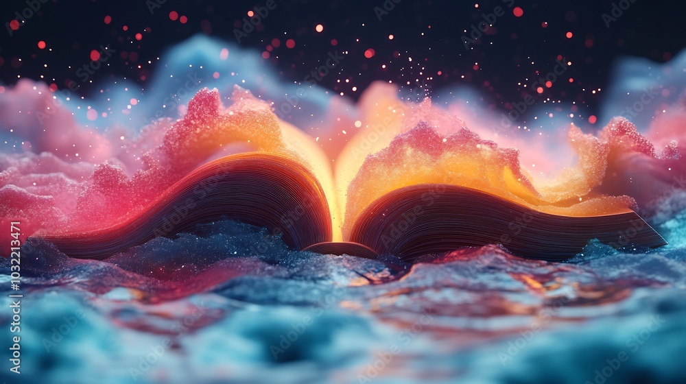 Poster artistic gradient abstract 3d representation for world book day featuring a whimsical book with colo