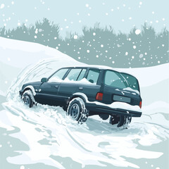 Heavy snowfall and car in snow natural disaster, winter dangerous weather. Buried vector vehicle on frozen slippery road, skidding stuck car in snow