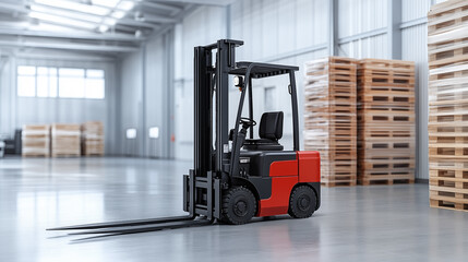 Forklift in warehouse. Logistics and transportation concept. 3D rendering