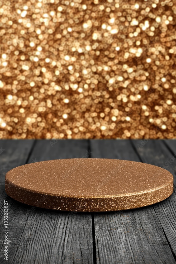 Poster a shimmering gold glitter background with a round, sparkling display surface ready for product graph