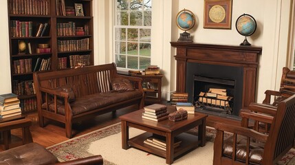 A cozy living room with a fireplace, leather sofa, and bookshelves.