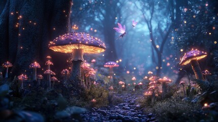 Fototapeta premium Enchanted forest with glowing mushrooms and fairies.