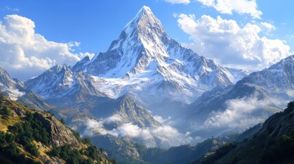 Obraz premium Snow-capped mountain range with clouds and trees.