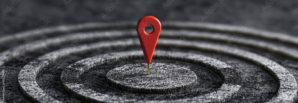 Poster a close-up of a red location marker on textured dark surface representing navigation and finding pla