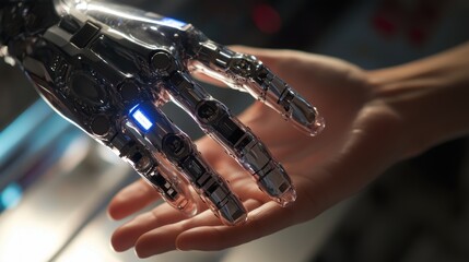 A robotic hand on a human hand.