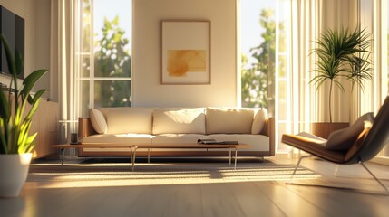 Fototapeta premium Sunlight streams through windows in a modern living room.