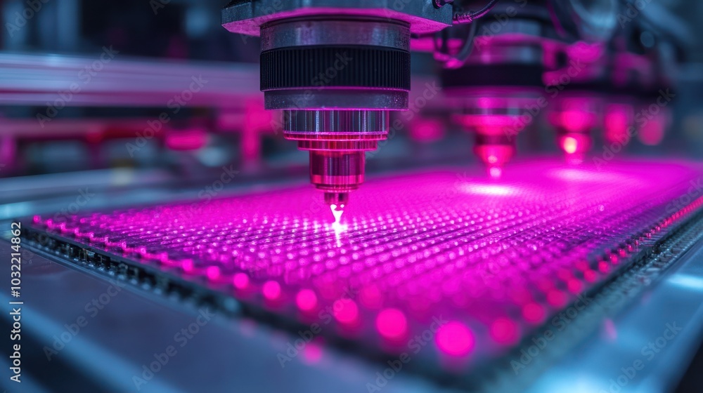 Poster close-up of a robotic arm with pink lights illuminating a circuit board during an automated manufact